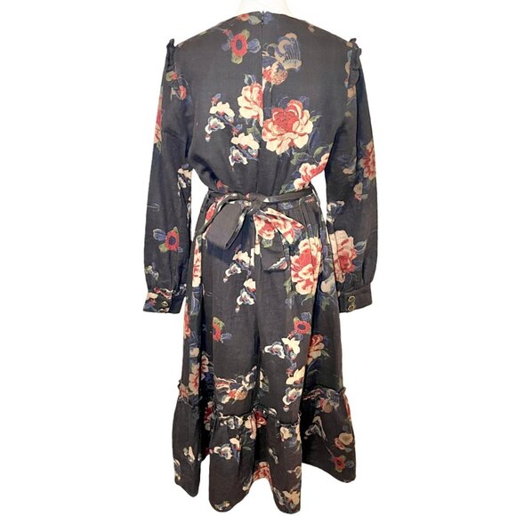 Novella Modest Midi Dress Size Medium Prairie Cottage Floral Ruffle Tiered Black - Picture 3 of 12